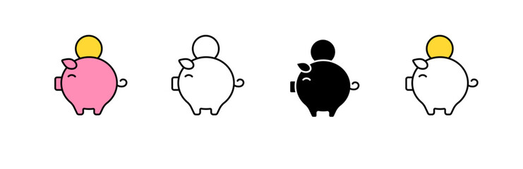 Four piggy banks with coins in different colors feature simple and charming designs.