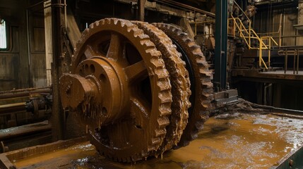 A large industrial gear coated in machine oil, glistening under dim lighting