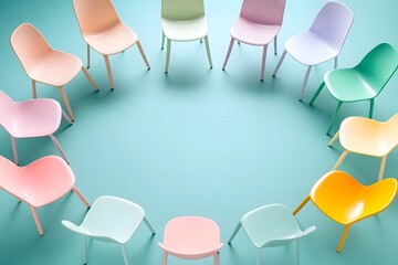 Colorful chairs arranged in a symmetrical circle symbolizing and diversity