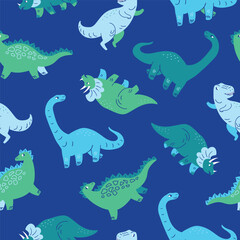 Cute dino hand-drawn vector seamless pattern. Dinosaurs on blue background. Suitable for textile, wrapping paper, surface design kidswear. Vector animal repeat design. © Utro na more
