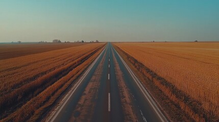 Fototapeta premium A long stretch of asphalt road surrounded by endless golden wheat fields