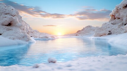 Frozen serene winter landscape.  A tranquil scene of snow-covered rocks and a flowing icy river, bathed in the warm glow of a setting sun