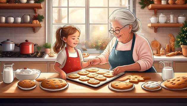 A cozy, nostalgic children&rsquo;s book illustration of a little girl baking cookies with her grandmother, filled with warmth, soft light, and a loving kitchen atmosphere.