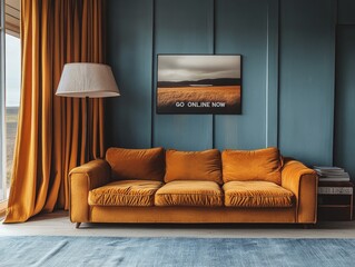 Cozy Amber Haven: A Stylish Living Room with Plush Sofa, Artistic Wall Decor, and Warm Lighting for a Relaxing and Inviting Contemporary Home Atmosphere