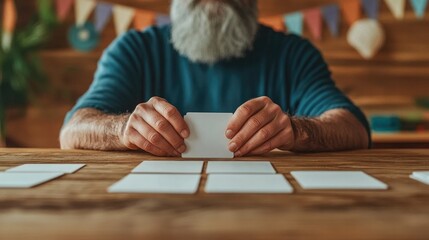Focused individual arranging blank cards on wooden table in cozy