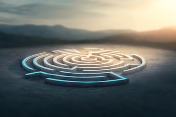 Fototapeta premium Circular Maze with Sunset Landscape.