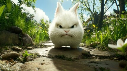 a grumpy white rabbit on a stone path with a furrowed brow and piercing gaze stands defiant against the lush green backdrop of the springtime meadow