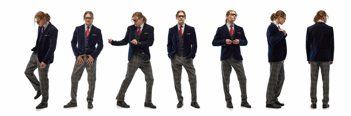Confident man in velvet blazer, plaid trousers, and red tie presents contemporary fashion, blending...