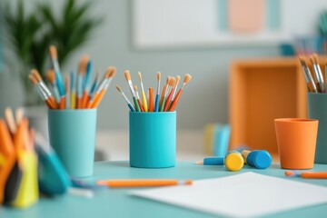 Obraz premium Colorful art supplies arranged neatly, showcasing creativity and