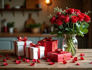 A beautifully styled, rustic wooden kitchen table is set with an elegant Valentine's Day celebration, featuring a trio of neatly arranged, luxurious gift boxes in white, pink, and red, adorned with sa