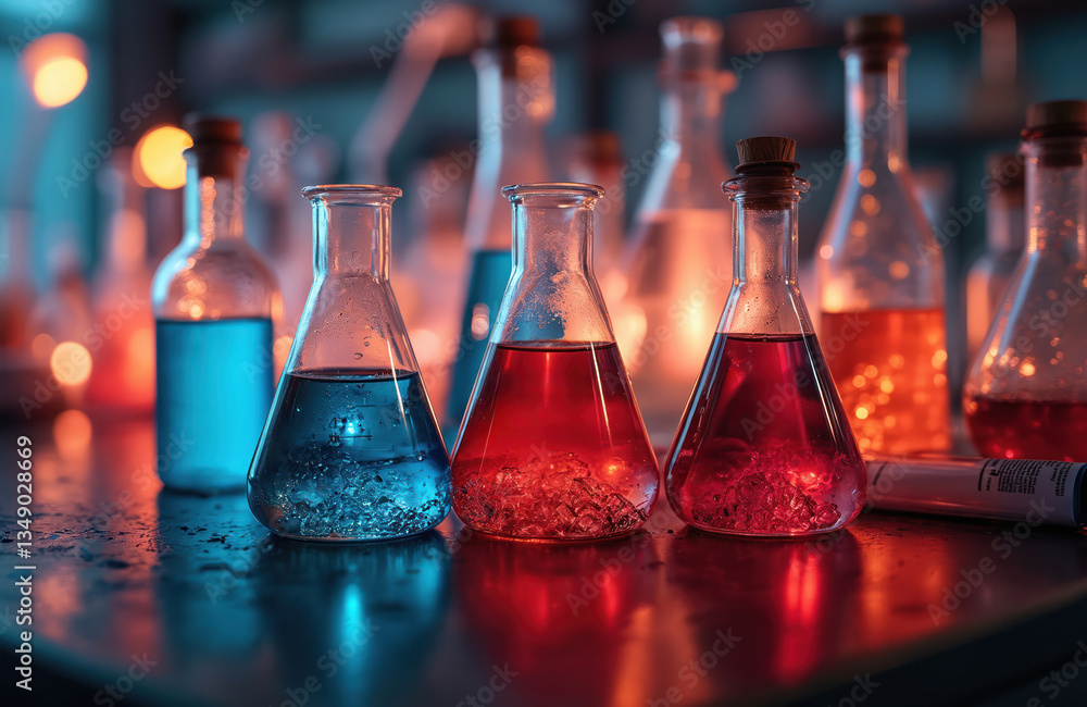 Poster chemistry laboratory with colorful liquids in glass flasks. science lab with red, blue fluids in bot