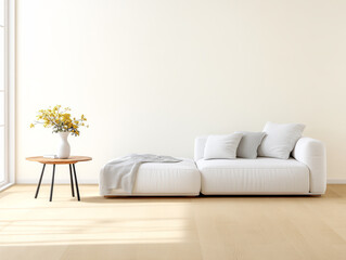 Modern minimalist living room with a white sofa and floral centerpiece on a side table