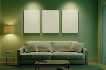 Empty art canvases on mint green wall, living room scene at night