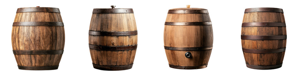 Obraz premium Collection of traditional oak wooden barrels in various sizes commonly used for storing and aging alcoholic beverages like whiskey wine and spirits