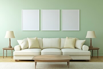 Empty frames on sage wall, beige sofa, living room mockup