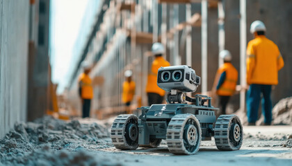 A small robot equipped with wheels navigates a construction site, supporting workers dressed in safety gear as they oversee the ongoing project in an industrial environment