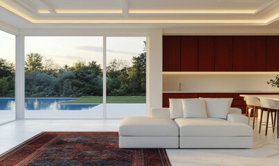 Fototapeta premium Modern living room with white sectional sofa and view of outdoor pool at sunset