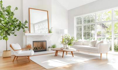 Bright modern living room with large windows and cozy furniture in a stylish home