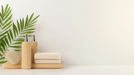 A serene arrangement of wooden bathroom accessories, towels, and a green leaf, creating a tranquil spa-like atmosphere, sustainable living lifestyle.