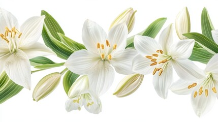 Fototapeta premium White Lily Floral Border, Floral Composition on Purity White Background, Isolated for Design