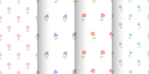 Hand Drawn Floral liberty Seamless Pattern set. Trendy ditsy Style Abstract flowers Print. Simple patterns with wild flowers. Good for prints, textiles, wallpaper, stationery, surfaces, baby showers