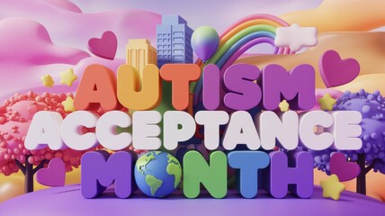 Colorful positive graphic Autism Acceptance Month with bold playful lettering in various hues, globe, rainbow, and trees