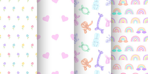 Children's seamless patterns set. Baby seamless pattern set with hand flowers, animals, hearts and rainbows. Cute seamless pattern. Backgrounds, banners for welcome baby, gender parties