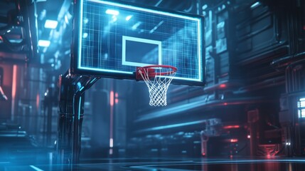 futuristic basketball hoop set against