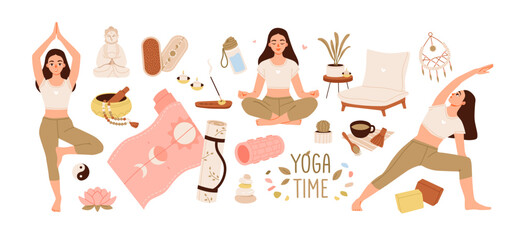 Yoga set. Woman in a tranquil meditation pose. Meditation practice. Concept of zen and harmony. Flat vector illustration of yoga items.