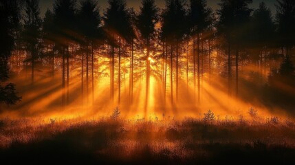 Golden Sunlight Piercing Through Forest Trees Creating Dramatic Scene