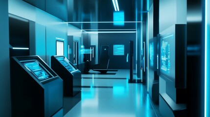 Fototapeta premium Futuristic Control Center with Advanced Technology and Blue Illumination