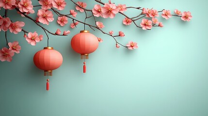 Pink blossoms and lanterns on teal background.
