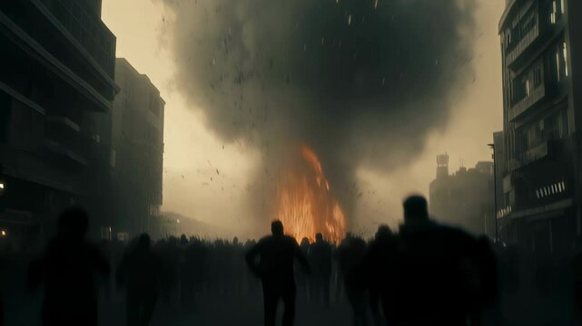 A massive fireball erupts in the city as terrified people run away. Dark smoke and debris fill the sky, creating an apocalyptic scene of chaos and destruction  