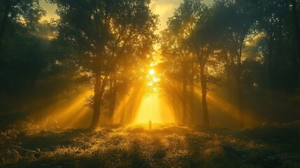 Obraz premium Golden Sunlight Streaming Through Forest Trees Creating A Peaceful Scene