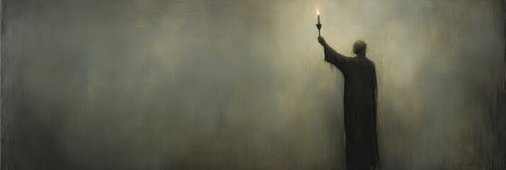 Silhouette figure holds candle in a misty setting