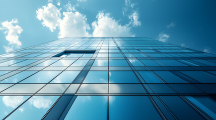 Modern Urban Skyscraper with Reflective Glass Facade Capturing Stunning Cityscape Against Blue Sky and Clouds