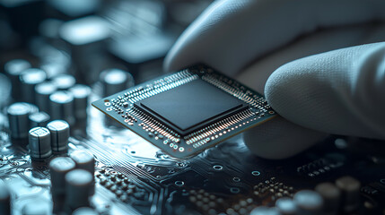 Futuristic Chip Technology: Closeup of Hand Assembling Microprocessor on Circuit Board for Innovative Electronics Development