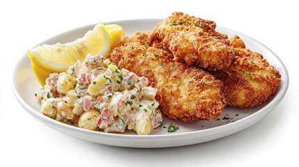 Crispy fried food served alongside potato salad and lemon
