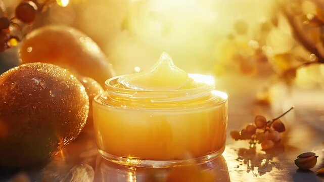 A rich, golden skincare cream infused with sea buckthorn extract, surrounded by fresh, dewy sea buckthorn berries. The warm, sunlit ambiance emphasizes the nourishing and revitalizing qualities 