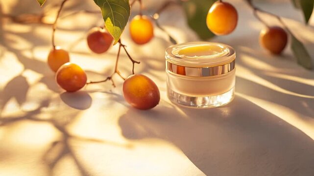 A premium skincare cream in an elegant glass jar, highlighted by the warm, golden glow of sunset. Surrounded by ripe, golden plums, the composition evokes a sense of luxury, nourishment, and natural 