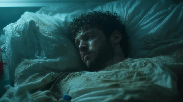 A sick man with tired eyes lies in a dimly lit bed, staring blankly at the ceiling. The medicine bottle beside him and the cold lighting create a scene of illness and loneliness  