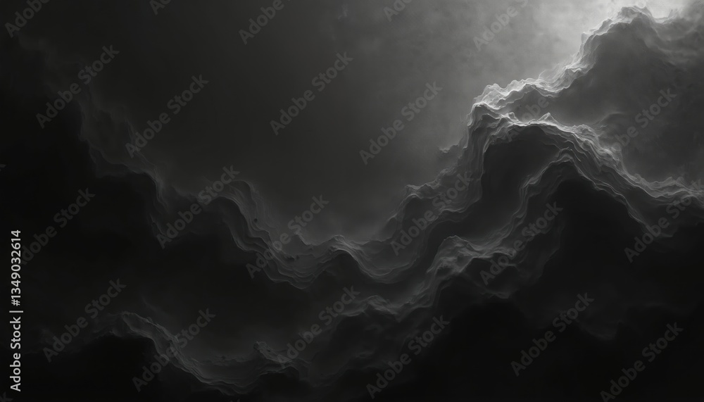 Poster Abstract black and white illustration features moody atmosphere with dynamic shapes. Dark curves with deep shadows and light. Minimalist design with textures, high contrast, modern artistic artwork.