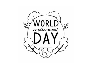 A stylized, minimalist logo, and royalty design for World Environment Day. World Environment Day. Simple black and white World Environment Day logo with Earth and trees.