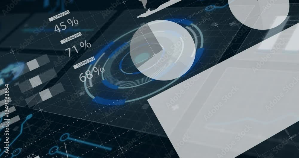 Poster animation of futuristic data visualization with charts and graphs over world map