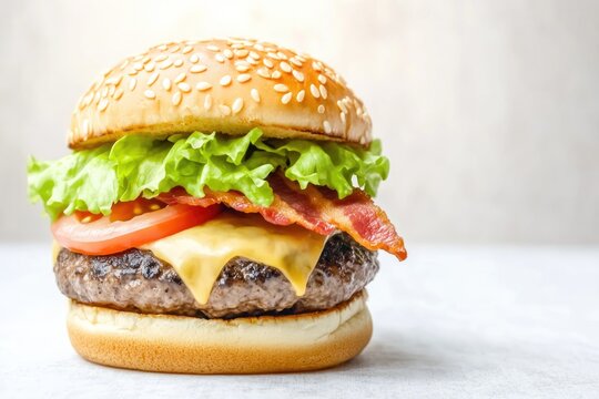 Juicy burger topped with fresh lettuce, ripe tomato, crispy baco