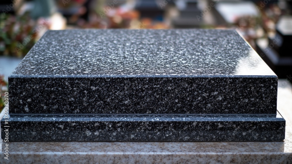 Poster a black stone slab with a white border sits on a gray stone slab. the slab is square in shape and ha