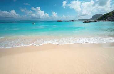 Obraz premium Scenic tropical beach with crystal turquoise water, white sand, blue sky and clouds. Ocean waves, boats, islands at horizon. Summer vacation paradise, travel destination, relax on shore.