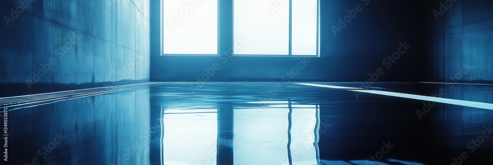 Poster a blue room with a window and a pool. the pool is empty and the water is reflecting the light from t