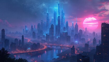 Fototapeta premium Futuristic cyberpunk city skyline in blue and purple colors. Glowing skyscrapers, night scene, urban landscape. Illustration of modern metropolis with vibrant atmosphere, neon lights, digital art.