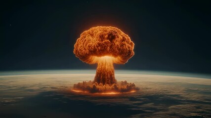 A colossal nuclear explosion erupts on Earth's surface, viewed from space. The glowing mushroom cloud expands dramatically, illuminating the planet with an eerie, apocalyptic glow - Powered by Adobe